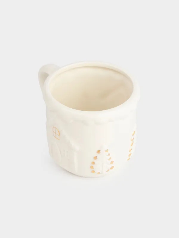 Кружка, 450 мл, керамика, молочно-золотистая, Дом с елками, Snow sparks, image-3
