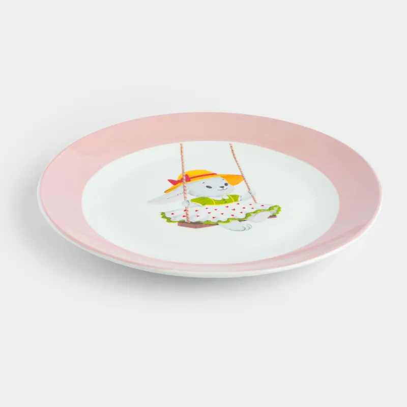Тарелка закусочная, детская, 19 см, фарфор N, бело-розовая, Крольчиха на качелях, Ideas life, image-2
