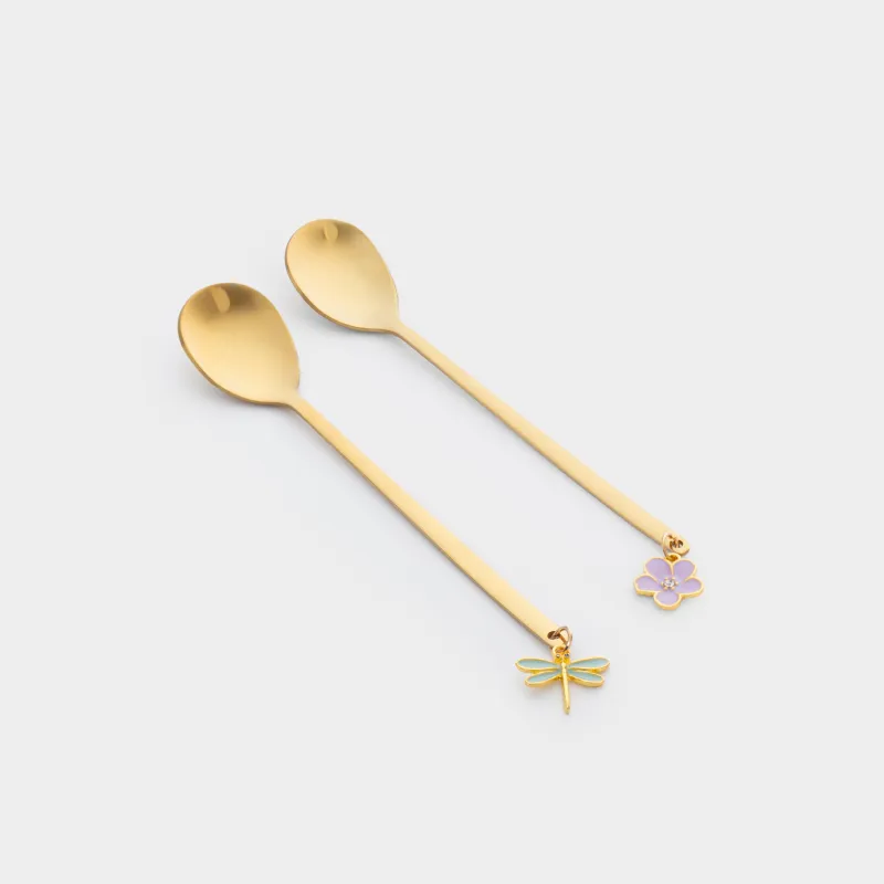 Ложка десертная, 14 см, 2 шт, сталь, золотистая, Стрекоза/Цветок, Bloome