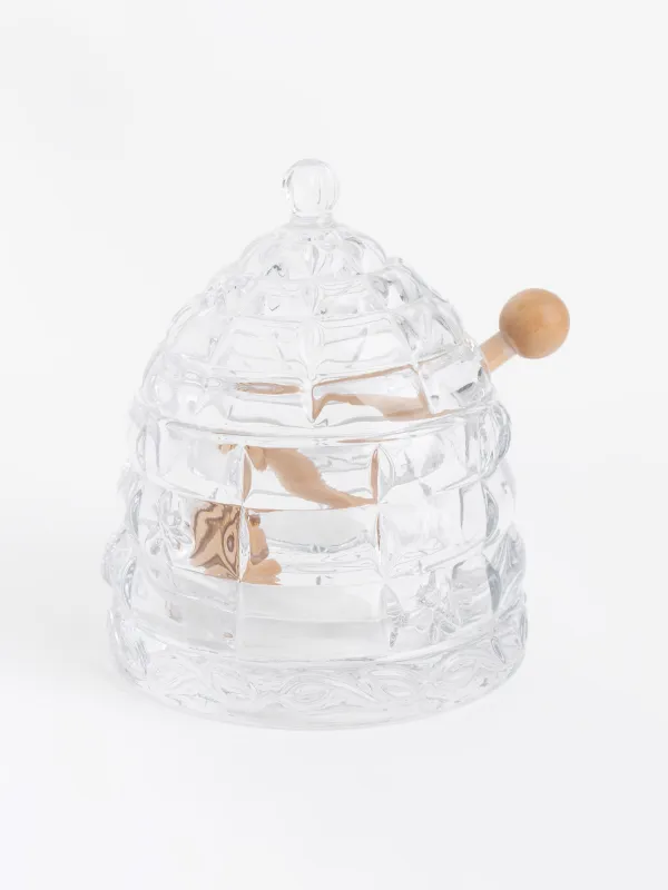 Банка для меда, 290 мл, с ложкой, стекло Р/дерево, Узоры, Honey, image-0