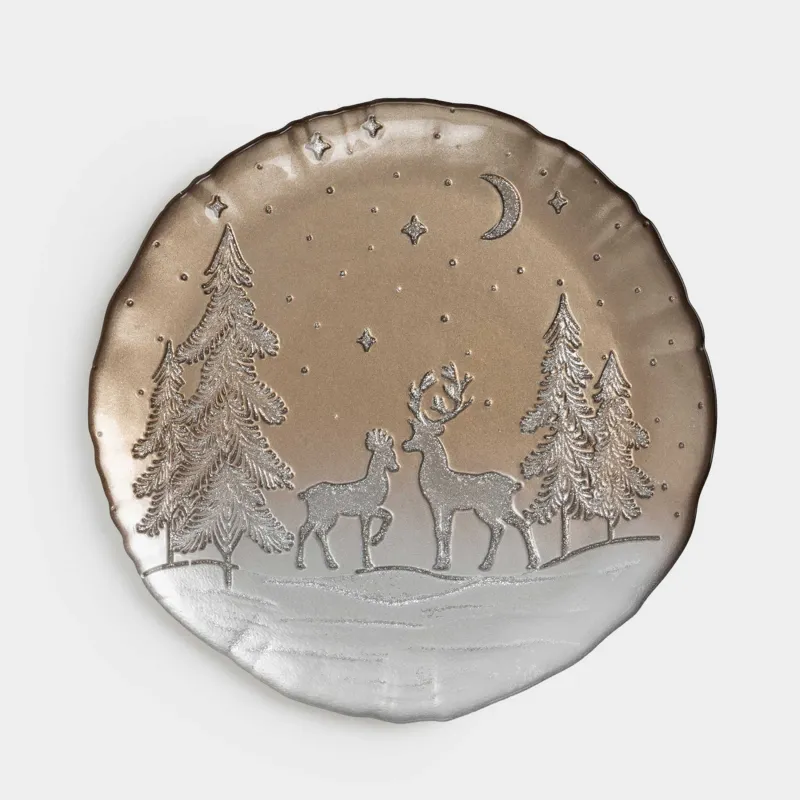 Блюдо, 27х2 см, стекло, молочно-бронзовое, Олени в лесу, Brumal