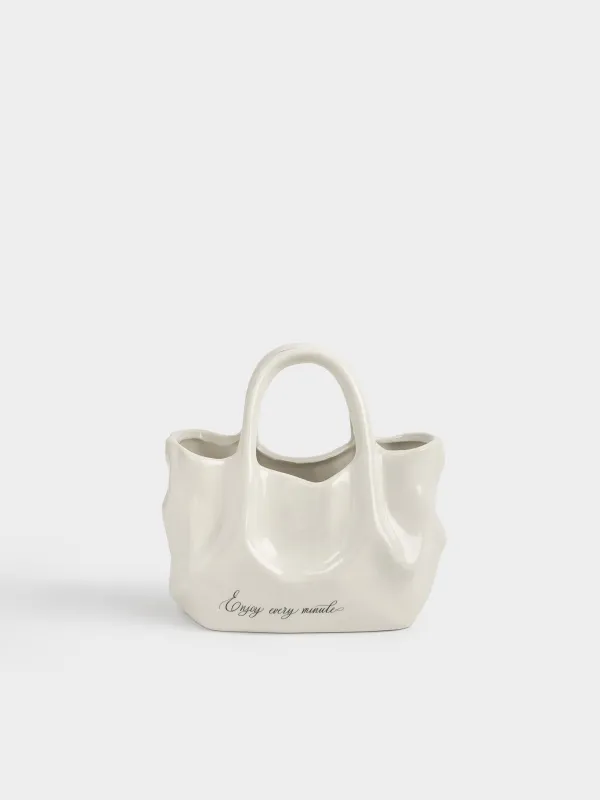 Ваза для цветов, 20х20 см, декоративная, с ручкой, керамика D, молочная, Сумка, Crumple, image-0