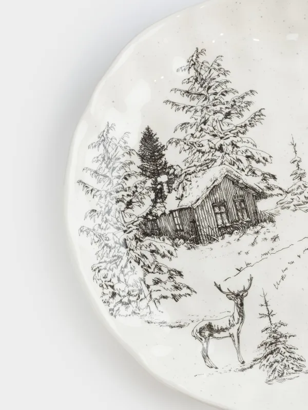 Тарелка обеденная, 28 см, керамика D, белая, Олень у дома в лесу, Crumple print, image-3