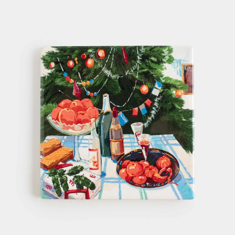 Подставка под кружку, 11х11 см, квадратная, керамика/пробка, Застолье, Feast christmas