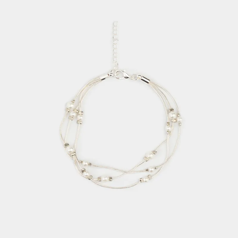 Браслет, 18 см, тройной, металл/пластик, серебристый, Бусины, Pearl