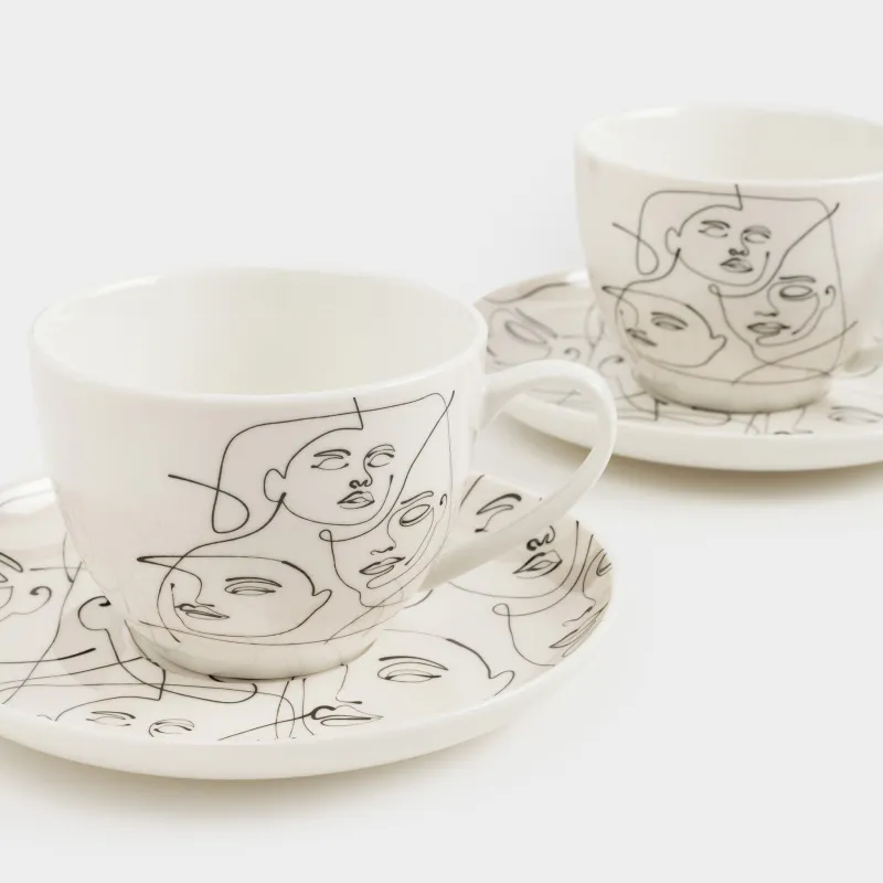 Пара чайная, 2 перс, 4 пр, 220 мл, фарфор N, молочная, Абстрактные лица, Face, image-2