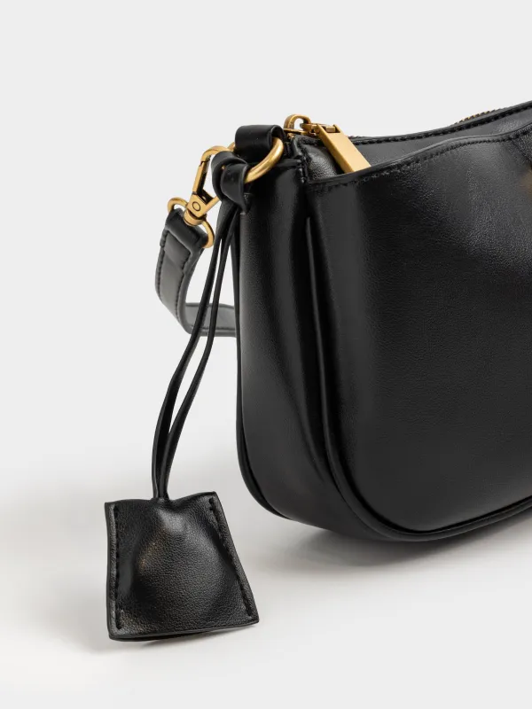 Сумка женская, 23х13 см, с ручкой и плечевым ремнем, с брелоком, полиуретан, черная, Force, image-3