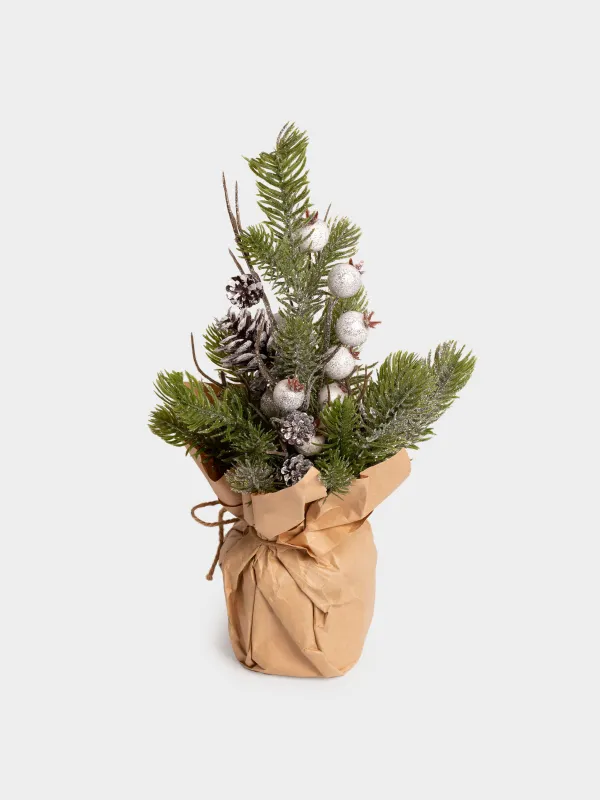 Композиция декоративная, 30 см, в крафте, пластик/пенопласт, Белые ягоды и шишки, White berry, image-0