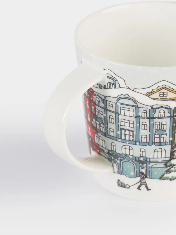 Кружка, 450 мл, фарфор F, бело-серая, Город в снегу, House built, image-3