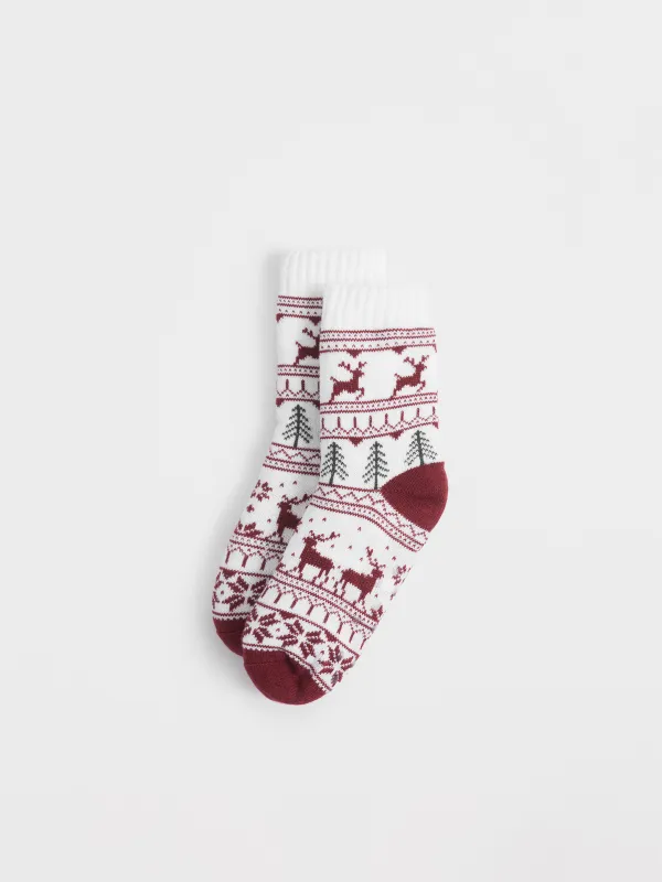 Носки домашние, молочно-бордовые, Зимний узор, Hot winter, image-1