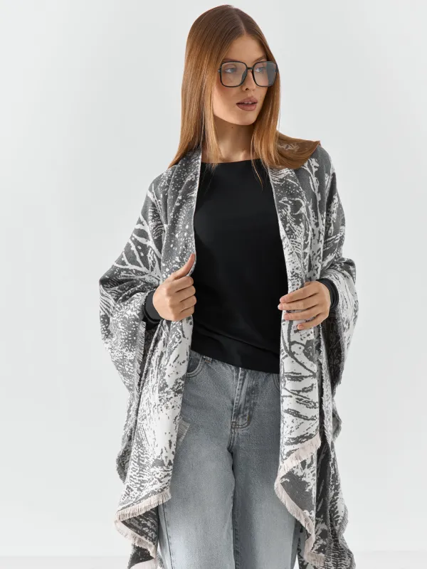 Пончо с бахромой, двустороннее, молочно-серое, Poncho, image-1