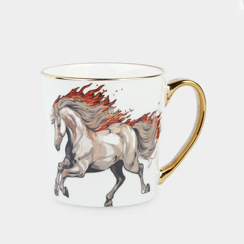 Кружка, 500 мл, фарфор N, бело-золотистая, Огненный конь, Fiery horse