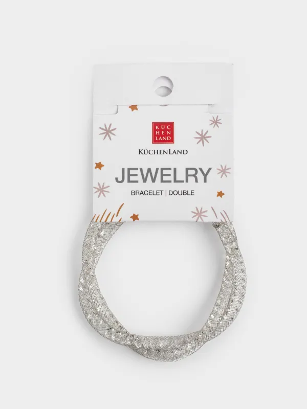 Браслет, 24 см, двойной, металл/стразы, серебристый, Плетение, Jewelry, image-4