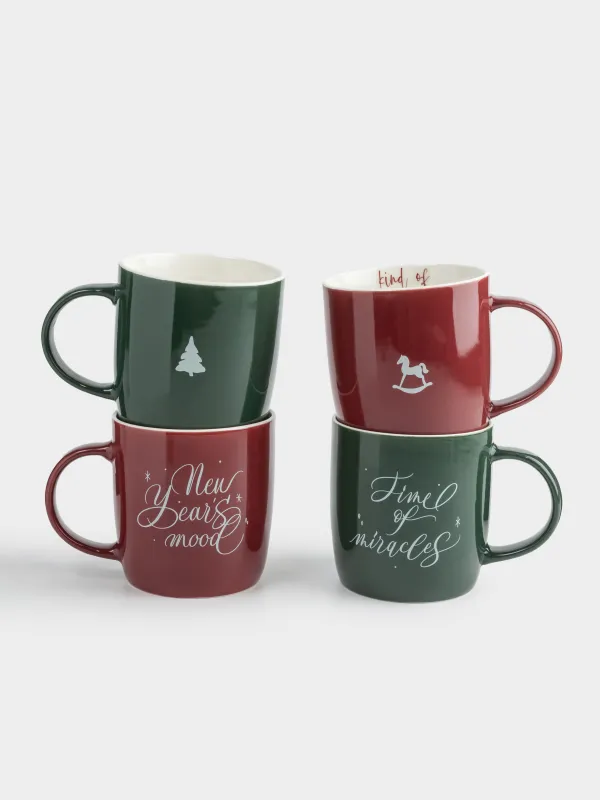 Кружка, 360 мл, 4 шт, фарфор N, бордовая/зеленая, Новогодний микс, Magic moments, image-0