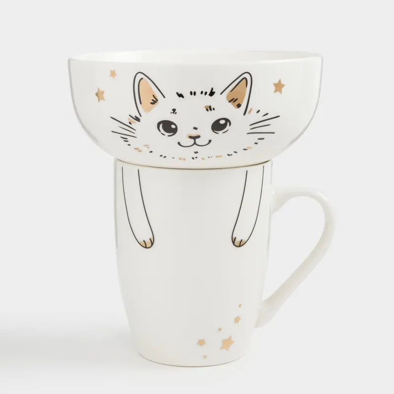 Набор посуды, детский, 1 перс, 2 пр, бело-золотистый, Котик и звезды, Cat, image-0