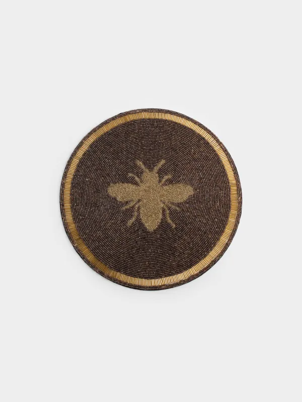 Салфетка под приборы, 36 см, бисер, круглая, коричнево-золотистая, Пчела, Art beads, image-0