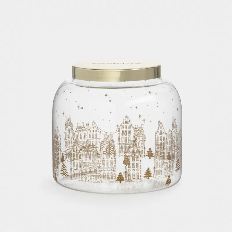 Банка для сыпучих продуктов, 950 мл, стекло/металл, Золотистые домики, Snow sparks