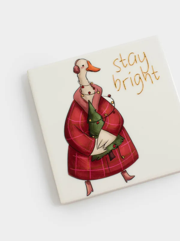 Подставка под кружку, 11х11 см, квадратная, керамика/пробка, белая, Гусь на лыжах, Goose, image-3