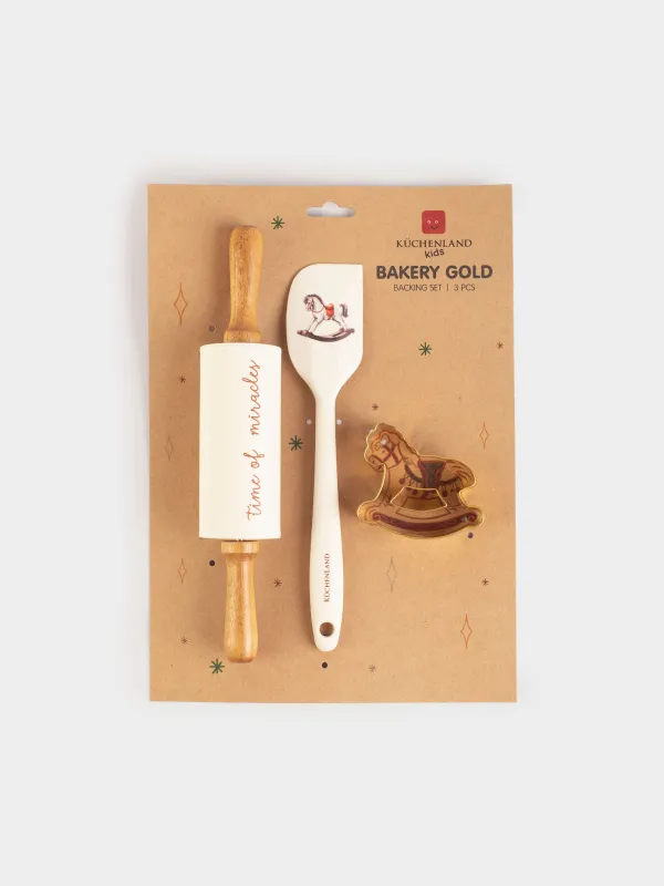 Набор для выпечки, 3 пр, скалка/лопатка/форма, силикон/дерево/сталь, Лошадка, Bakery gold, image-3