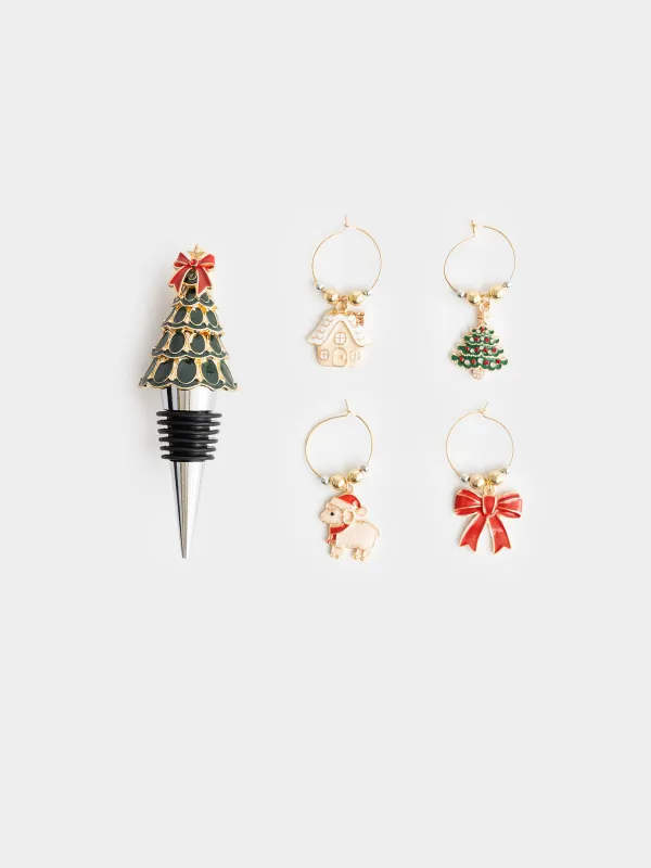 Пробка для винной бутылки с подвесками, 5 предметов, Елка с бантом, Christmas time, image-0