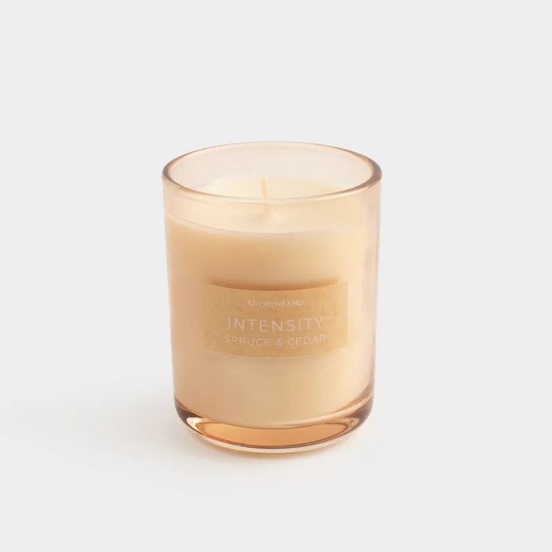 Свеча ароматическая, 8х9 см, в подсвечнике, стекло, бежевая, Spruce & Cedar, Intensity
