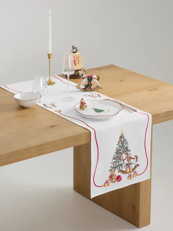 Дорожка настольная, 40х160 см, полиэстер, белая, Елка и лошадки, Holiday horse, image-6