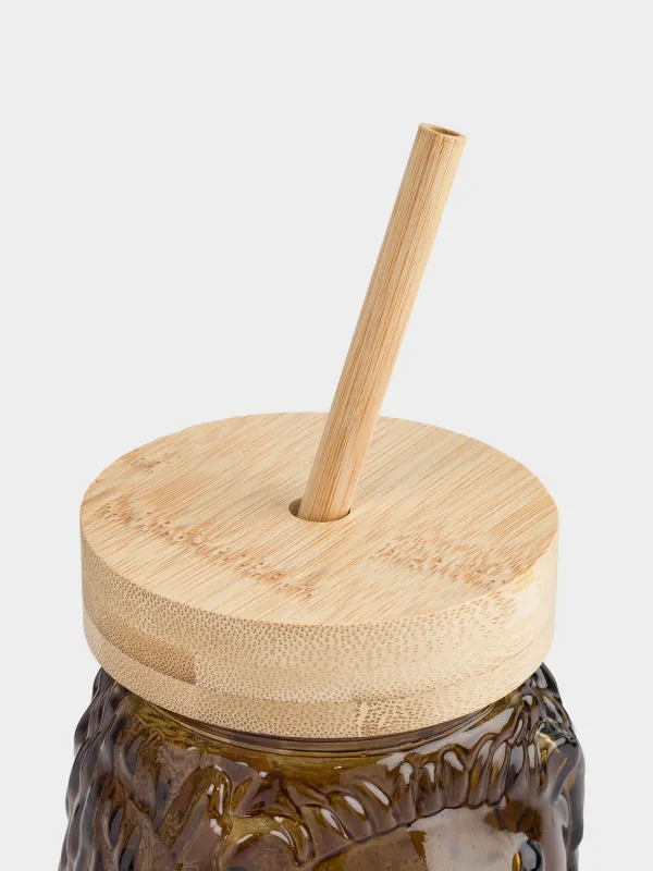 Банка для напитков, 550 мл, с крышкой и трубочкой, стекло, коричневая, Ежик, Forest animals, image-3