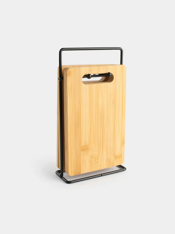 Доска разделочная, 22x14 см, 4 шт, на подставке, бамбук/сталь, прямоугольная, Bamboo, image-0