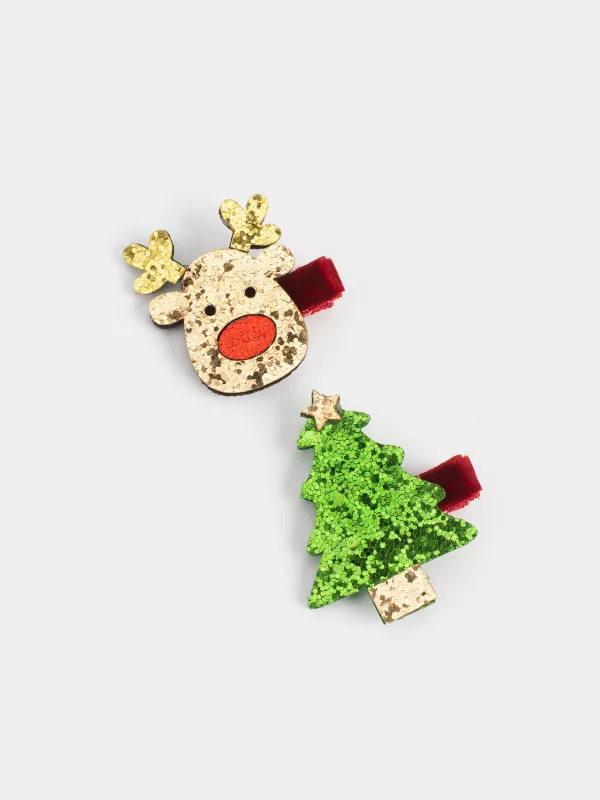 Набор заколок для волос, 4 см, 2 шт, детский, полиэстер, Елка/Олень, Hairstyle, image-2