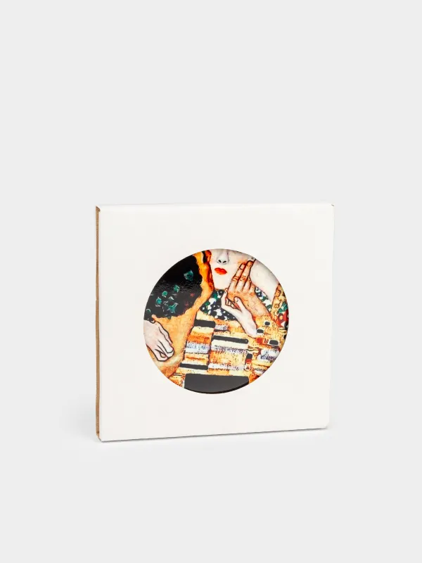 Подставка под кружку, 11 см, круглая, керамика/пробка, Климт, Поцелуй, Art поцелуй, image-4