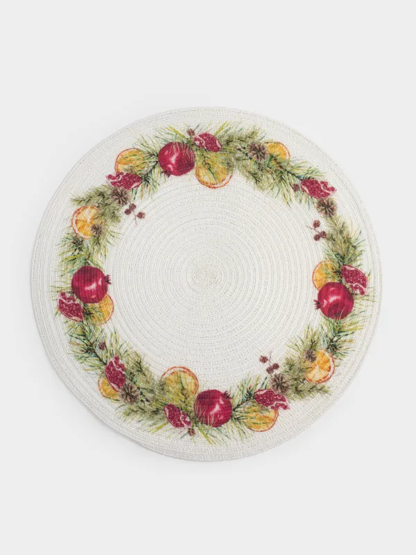 Салфетка под приборы, 38 см, полиэстер, круглая, белая, Гранаты и апельсины, Rotary print, image-0