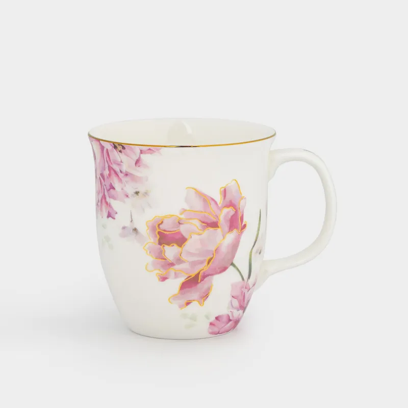 Кружка, 400 мл, фарфор F, белая, с золотистым кантом, Крупный цветок, Bloome