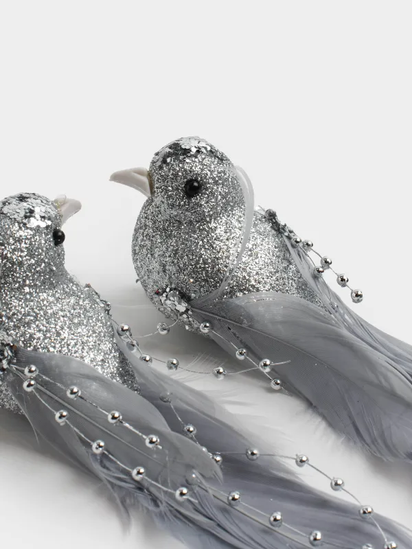 Украшение декоративное, 15 см, 2 шт, на клипсе, пенопласт/перо, серебристое, Птица, Birds NY, image-2