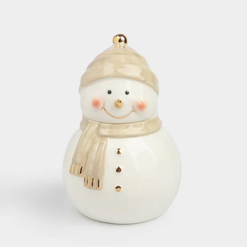 Емкость для хранения, 19х13 см, 1 л, фарфор P, бело-бежевая, Снеговик в шапке и шарфе, Snowy