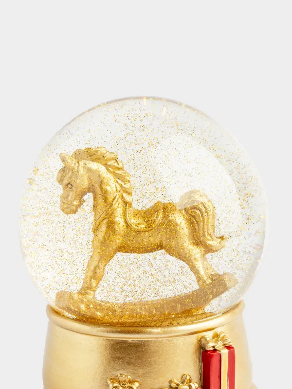 Снежный шар, 10 см, с подсветкой, стекло/полирезин, золотистый, Лошадка-качалка, Golden style, image-2