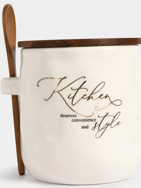 Емкость для хранения, 12x12 см, 650 мл, с ложкой, керамика/дерево, Мятый эффект, Crumple kitchen, image-1