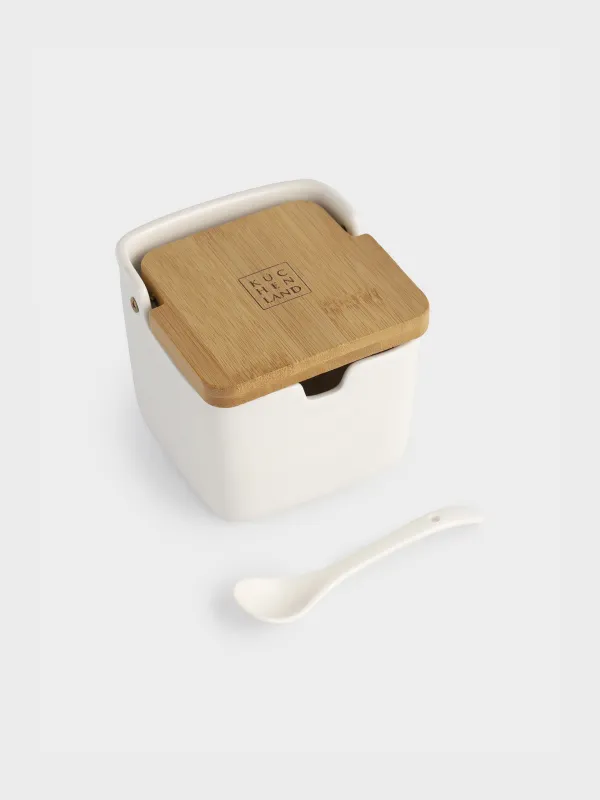 Банка для сыпучих продуктов, 250 мл, с ложкой, керамика/бамбук, белая, Keep, image-5