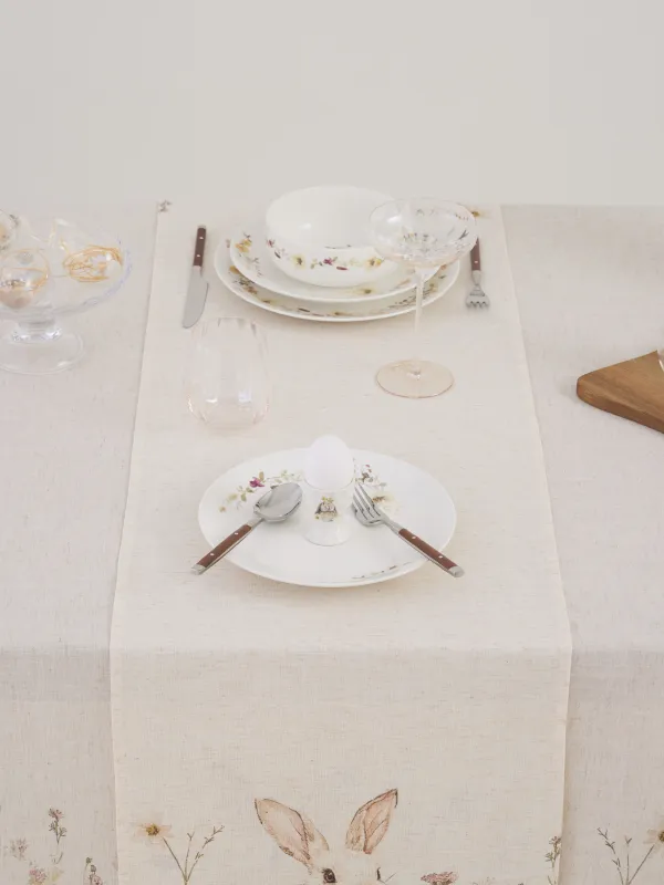 Дорожка настольная, полиэстер/лен, бежевая, Bunny in flowers, image-3