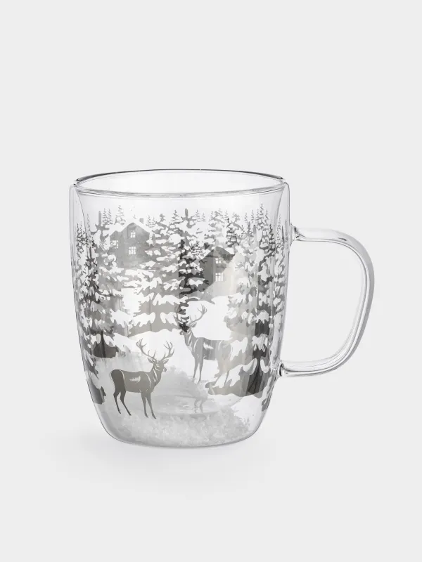 Кружка, 380 мл, стекло Б, со снегом внутри, Олень в лесу, Air decor, image-0