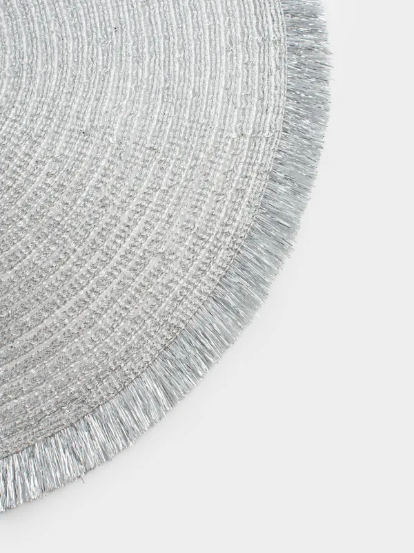 Салфетка под приборы, 38 см, с бахромой и пайетками, полиэстер, круглая, серебристая, Rotary shine, image-2