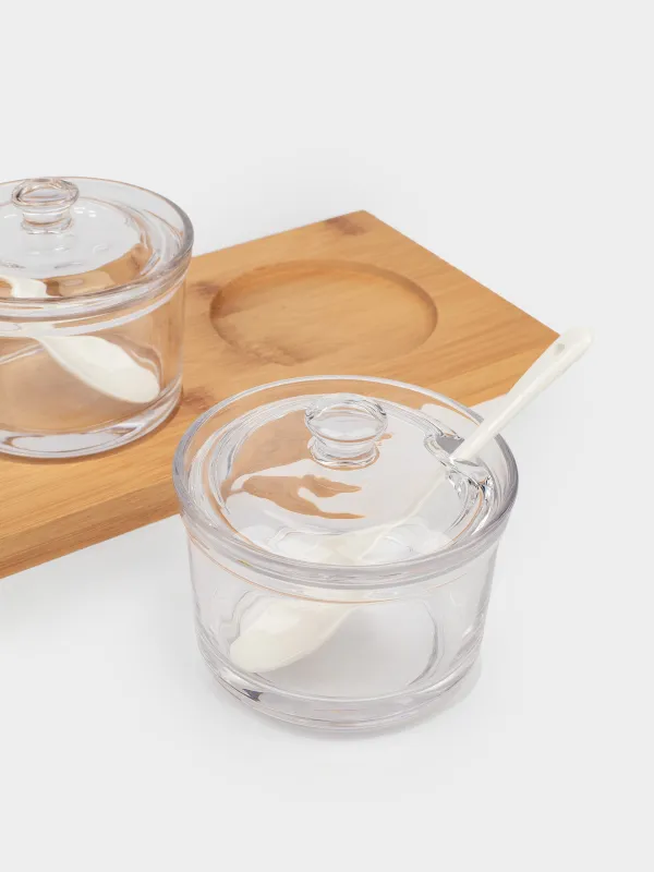 Вазочка для джема, 30х9 см, 3 шт, с ложкой, на подставке, стекло/бамбук/керамика, Bamboo, image-3