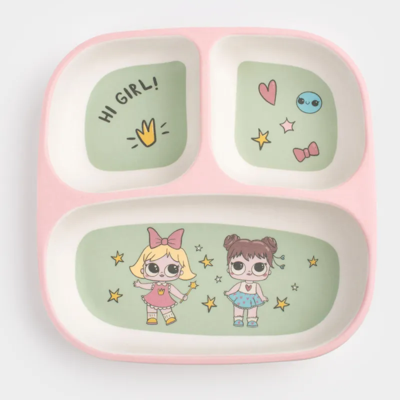Тарелка обеденная, детская, 18 см, 3 отд, бамбук, розово-зеленая, Девочки в платьях, Sweet loli