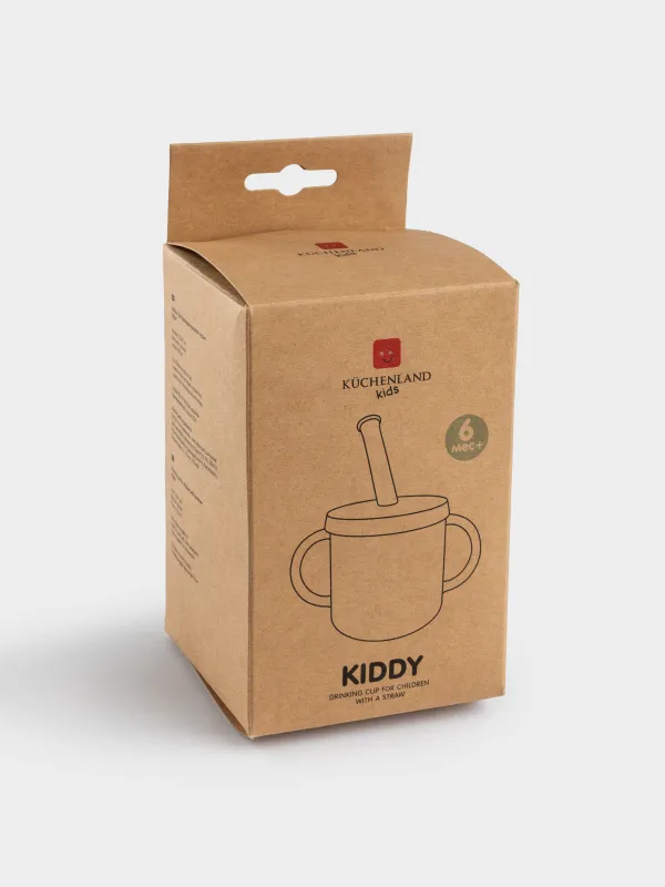 Поильник, детский, 150 мл, с ручками, с трубочкой, силикон, серый, Kiddy, image-4