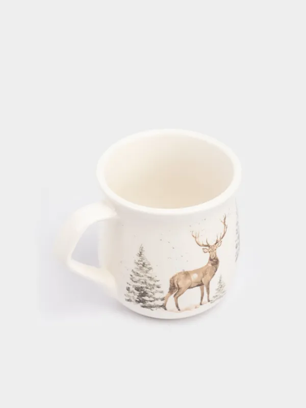 Кружка, 400 мл, керамика, белая, Олень в снежном лесу, Woodland story, image-2