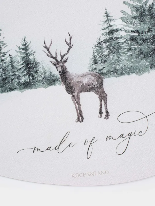 Салфетка под приборы, 37х45 см, ПВХ, фигурная, белая, Олень в лесу, Rock print, image-3