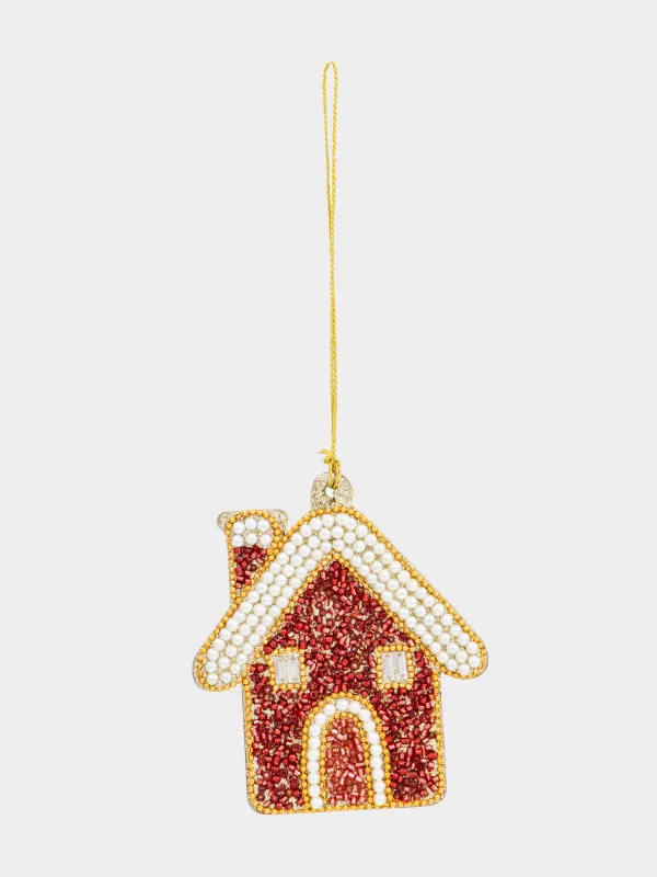 Игрушка елочная, 10 см, бисер/дерево, красно-золотистая, Дом, Beads figure, image-1