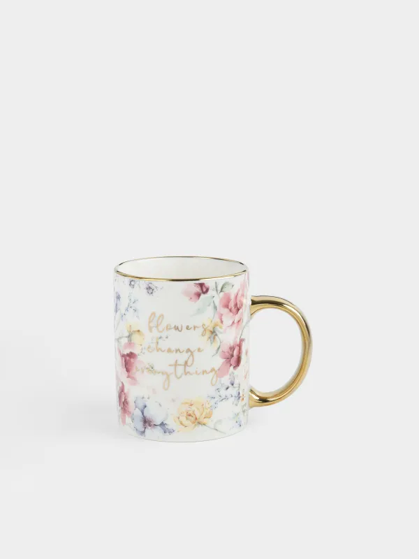 Кружка, 350 мл, фарфор N, бело-золотистая, Цветы, Flowers, image-0