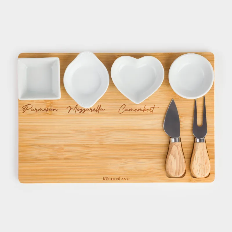 Набор для сыра, 7 пр, доска-блюдо/пиала, керамика/бамбук, Cheese, image-1