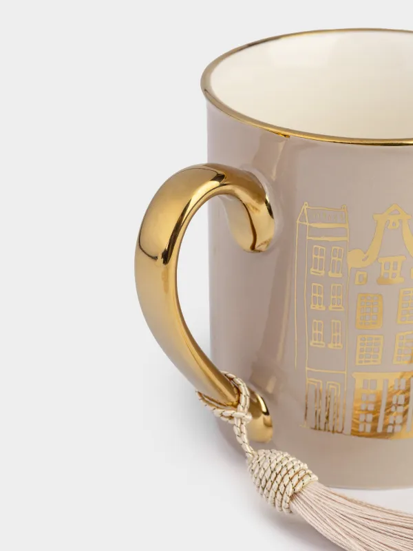 Кружка, 300 мл, с кисточкой, фарфор N, бежево-золотистая, Город, House built, image-2