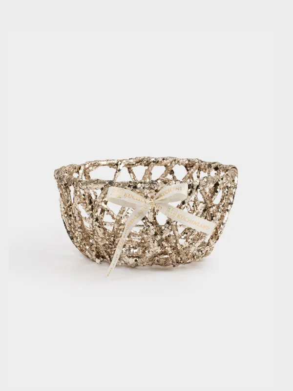 Корзина декоративная, 20х20 см, с ручками, пластик/металл, круглая, шампань, Frosty sparks, image-0